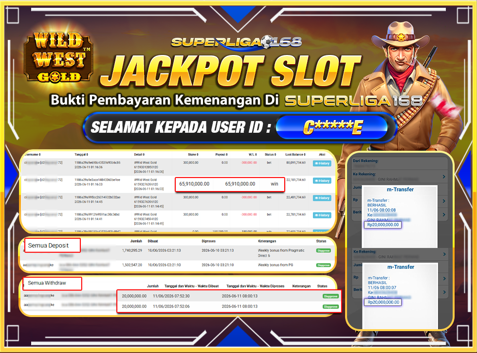 SUPERLIGA168 JACKPOT WILD WEST GOLD Rp.60,000,000LUNASSS